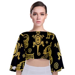 Mexican Culture Golden Tribal Icons Tie Back Butterfly Sleeve Chiffon Top by Apen