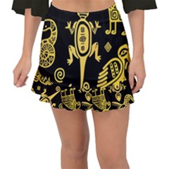 Mexican Culture Golden Tribal Icons Fishtail Mini Chiffon Skirt by Apen