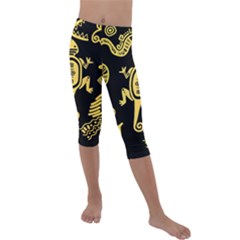 Mexican Culture Golden Tribal Icons Kids  Lightweight Velour Capri Leggings  by Apen