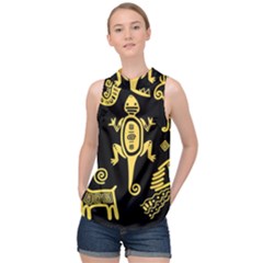 Mexican Culture Golden Tribal Icons High Neck Satin Top by Apen