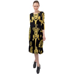 Mexican Culture Golden Tribal Icons Ruffle End Midi Chiffon Dress by Apen