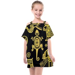 Mexican Culture Golden Tribal Icons Kids  One Piece Chiffon Dress by Apen