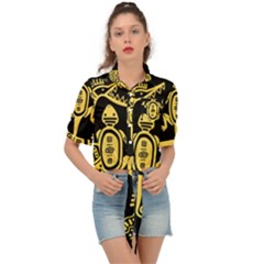 Mexican Culture Golden Tribal Icons Tie Front Shirt  by Apen