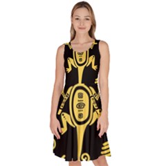 Mexican Culture Golden Tribal Icons Knee Length Skater Dress With Pockets by Apen