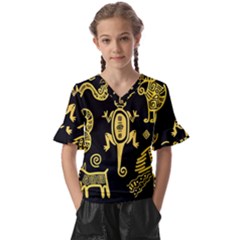 Mexican Culture Golden Tribal Icons Kids  V-neck Horn Sleeve Blouse by Apen