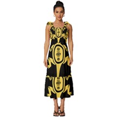 Mexican Culture Golden Tribal Icons Tie-strap Tiered Midi Chiffon Dress by Apen