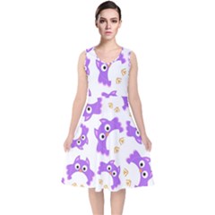 Purple Owl Pattern Background V-neck Midi Sleeveless Dress  by Apen