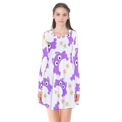 Purple Owl Pattern Background Long Sleeve V-neck Flare Dress by Apen