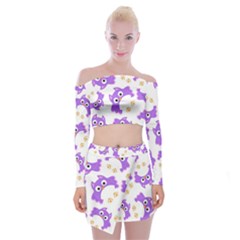 Purple Owl Pattern Background Off Shoulder Top With Mini Skirt Set by Apen