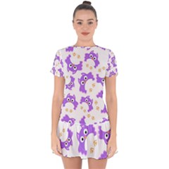 Purple Owl Pattern Background Drop Hem Mini Chiffon Dress by Apen