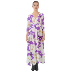 Purple Owl Pattern Background Button Up Boho Maxi Dress by Apen