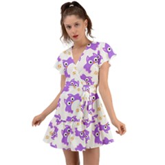 Purple Owl Pattern Background Flutter Sleeve Wrap Dress by Apen