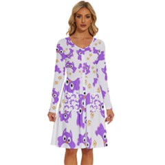 Purple Owl Pattern Background Long Sleeve Dress With Pocket by Apen