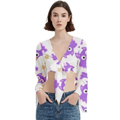 Purple Owl Pattern Background Trumpet Sleeve Cropped Top