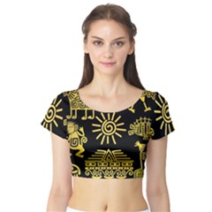 Maya Style Gold Linear Totem Icons Short Sleeve Crop Top by Apen