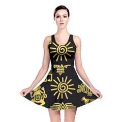 Maya Style Gold Linear Totem Icons Reversible Skater Dress by Apen