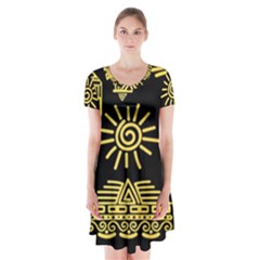 Maya Style Gold Linear Totem Icons Short Sleeve V-neck Flare Dress by Apen