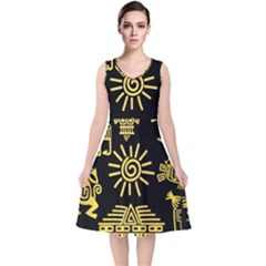 Maya Style Gold Linear Totem Icons V-neck Midi Sleeveless Dress  by Apen