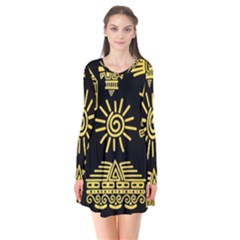 Maya Style Gold Linear Totem Icons Long Sleeve V-neck Flare Dress by Apen