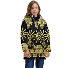 Maya Style Gold Linear Totem Icons Kids  Hooded Longline Puffer Jacket by Apen