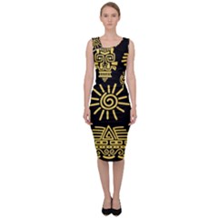 Maya Style Gold Linear Totem Icons Sleeveless Pencil Dress by Apen