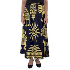 Maya Style Gold Linear Totem Icons Flared Maxi Skirt by Apen