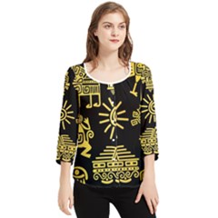 Maya Style Gold Linear Totem Icons Chiffon Quarter Sleeve Blouse by Apen