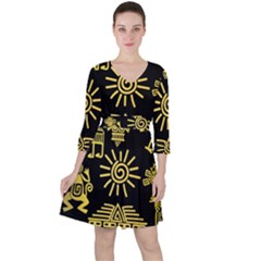 Maya Style Gold Linear Totem Icons Quarter Sleeve Ruffle Waist Dress by Apen