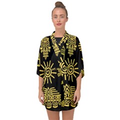 Maya Style Gold Linear Totem Icons Half Sleeve Chiffon Kimono by Apen