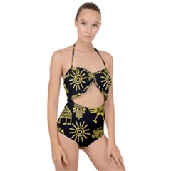 Maya Style Gold Linear Totem Icons Scallop Top Cut Out Swimsuit by Apen