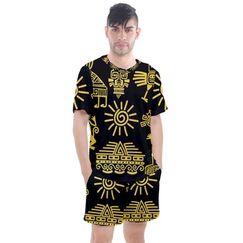 Maya Style Gold Linear Totem Icons Men s Mesh T-shirt And Shorts Set by Apen