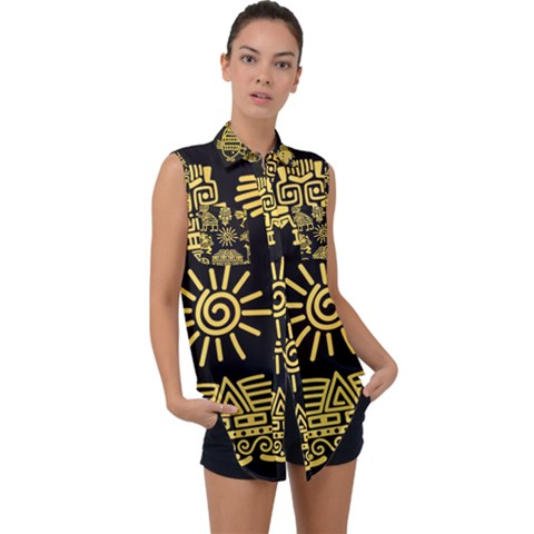 Maya Style Gold Linear Totem Icons Sleeveless Chiffon Button Shirt by Apen