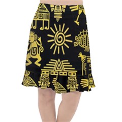 Maya Style Gold Linear Totem Icons Fishtail Chiffon Skirt by Apen