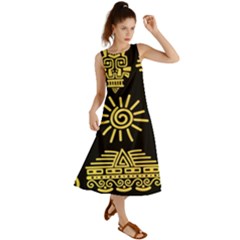 Maya Style Gold Linear Totem Icons Summer Maxi Dress by Apen