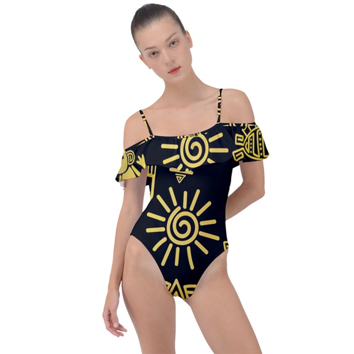 Maya Style Gold Linear Totem Icons Frill Detail One Piece Swimsuit