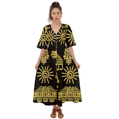 Maya Style Gold Linear Totem Icons Kimono Sleeve Boho Dress by Apen