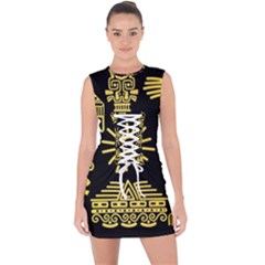 Maya Style Gold Linear Totem Icons Lace Up Front Bodycon Dress by Apen