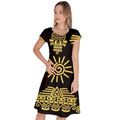 Maya Style Gold Linear Totem Icons Classic Short Sleeve Dress by Apen