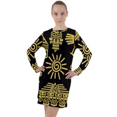 Maya Style Gold Linear Totem Icons Long Sleeve Hoodie Dress