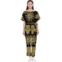 Maya Style Gold Linear Totem Icons Batwing Lightweight Chiffon Jumpsuit by Apen