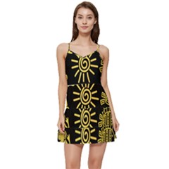 Maya Style Gold Linear Totem Icons Short Frill Dress by Apen