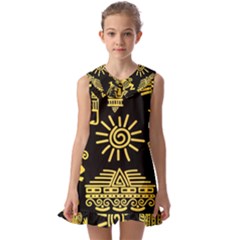 Maya Style Gold Linear Totem Icons Kids  Pilgrim Collar Ruffle Hem Dress by Apen