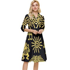 Maya Style Gold Linear Totem Icons Classy Knee Length Dress by Apen