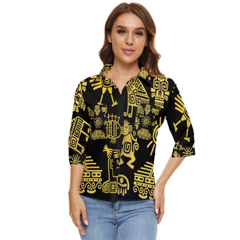 Maya Style Gold Linear Totem Icons Women s Quarter Sleeve Pocket Shirt by Apen