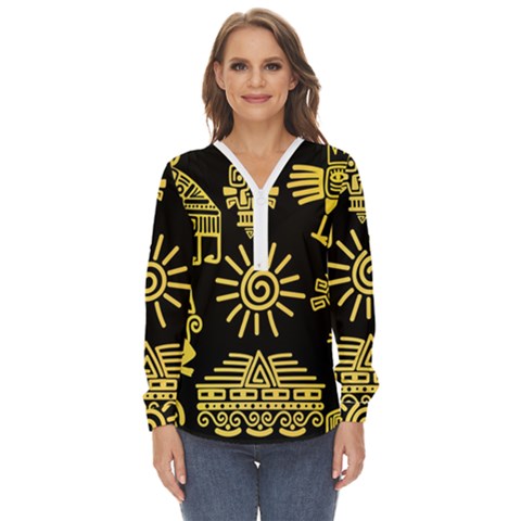 Maya Style Gold Linear Totem Icons Zip Up Long Sleeve Blouse by Apen