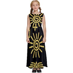 Maya Style Gold Linear Totem Icons Kids  Satin Sleeveless Maxi Dress by Apen