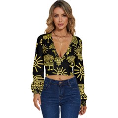 Maya Style Gold Linear Totem Icons Long Sleeve Deep-v Velour Top by Apen