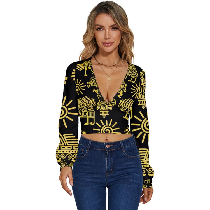 Maya Style Gold Linear Totem Icons Long Sleeve Deep-V Velour Top