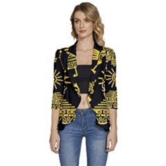 Maya Style Gold Linear Totem Icons Women s 3/4 Sleeve Ruffle Edge Open Front Jacket by Apen