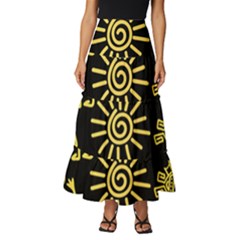 Maya Style Gold Linear Totem Icons Tiered Ruffle Maxi Skirt by Apen